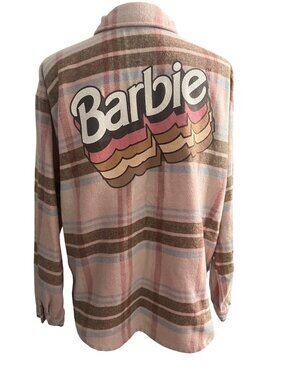 Barbie Dusty Pink & Brown Plaid Button-Up Flannel Shacket Womens Large